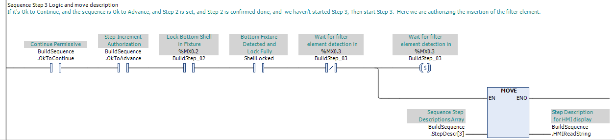 PLC ladder logic showing a Sequence Step being established while its description is moved to the HMI display string.